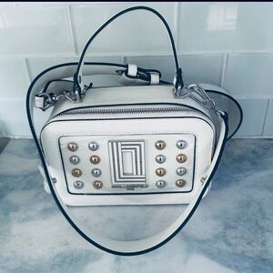 New Karl Lagerfeld Paris Simone Studded White Leather Camera Bag